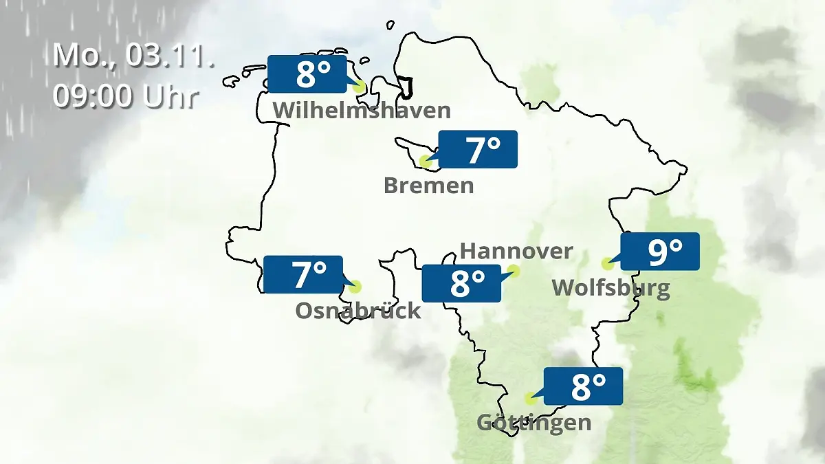 Bremen und Niedersachsen: Wie wird das Wetter? Regen- und Wolkenfilm für Hannover, Osnabrück und Wolfsburg