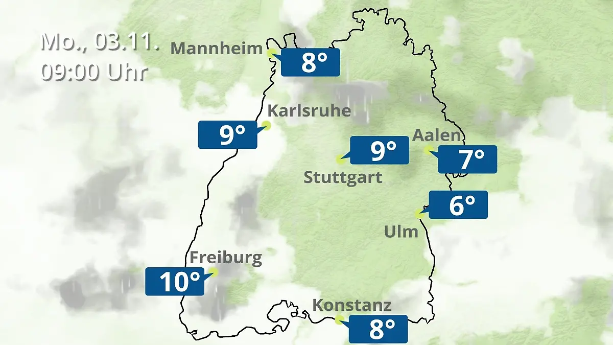 Baden-Württemberg: Wie wird das Wetter? Regen- und Wolkenfilm für Stuttgart, Mannheim und Karlsruhe