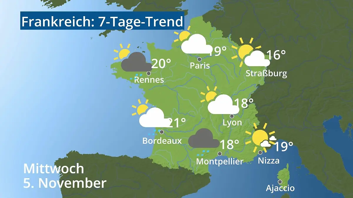 Frankreich: Wie wird das Wetter? Video 7-Tage-Trend: Paris, Straßburg, Nizza, Korsika
