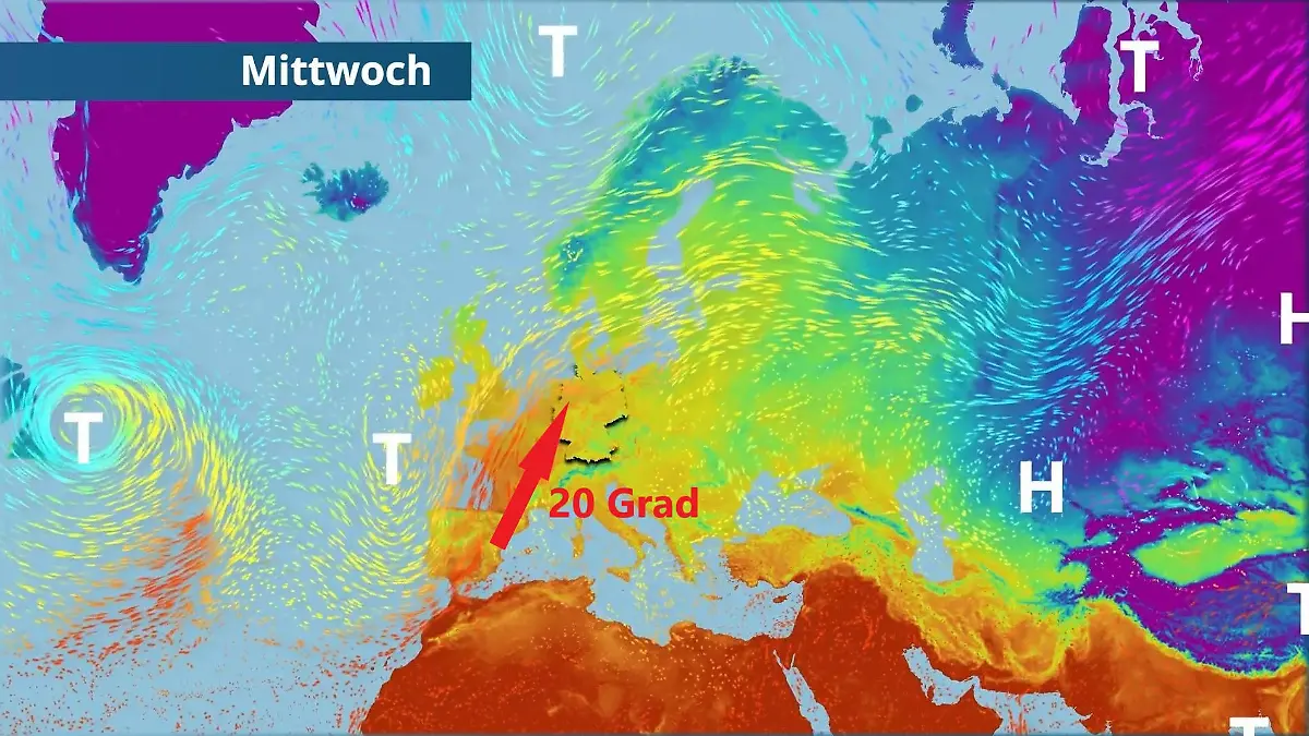 Hier schwappt die 20-Grad-Wärme nach Deutschland Der Strömungsfilm für Europa für 5 Tage