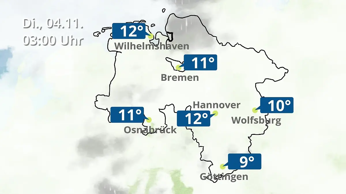 Bremen und Niedersachsen: Wie wird das Wetter? Regen- und Wolkenfilm für Hannover, Osnabrück und Wolfsburg