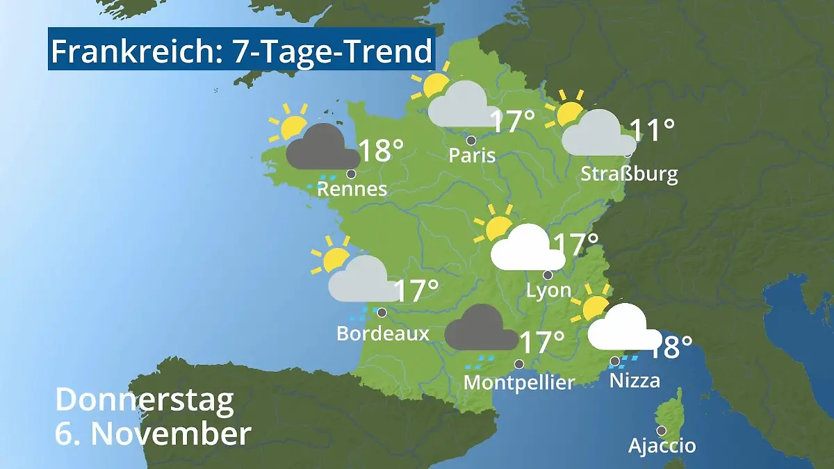 Frankreich: Wie wird das Wetter? Video 7-Tage-Trend: Paris, Straßburg, Nizza, Korsika