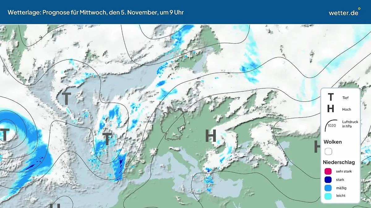 Die Wetterlage der kommenden 5 Tage Hochs und Tiefs über Europa