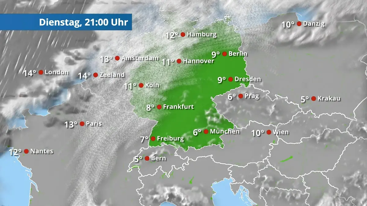 Norden mit Schauern, sonst öfter sternenklar Der Regen- und Wolkenfilm für 48 Stunden