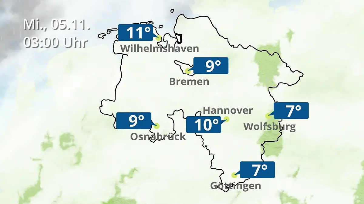 Bremen und Niedersachsen: Wie wird das Wetter? Regen- und Wolkenfilm für Hannover, Osnabrück und Wolfsburg