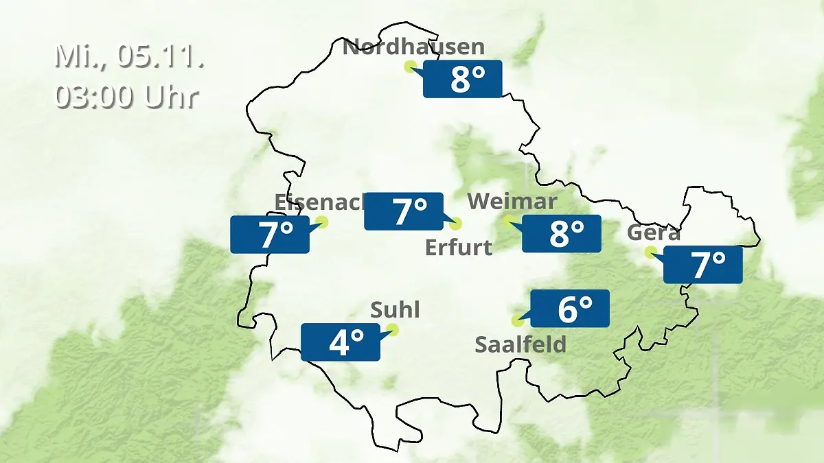 Thüringen: Wie wird das Wetter? Regen- und Wolkenfilm für Erfurt, Gera und Eisenach