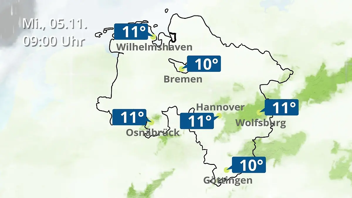 Bremen und Niedersachsen: Wie wird das Wetter? Regen- und Wolkenfilm für Hannover, Osnabrück und Wolfsburg