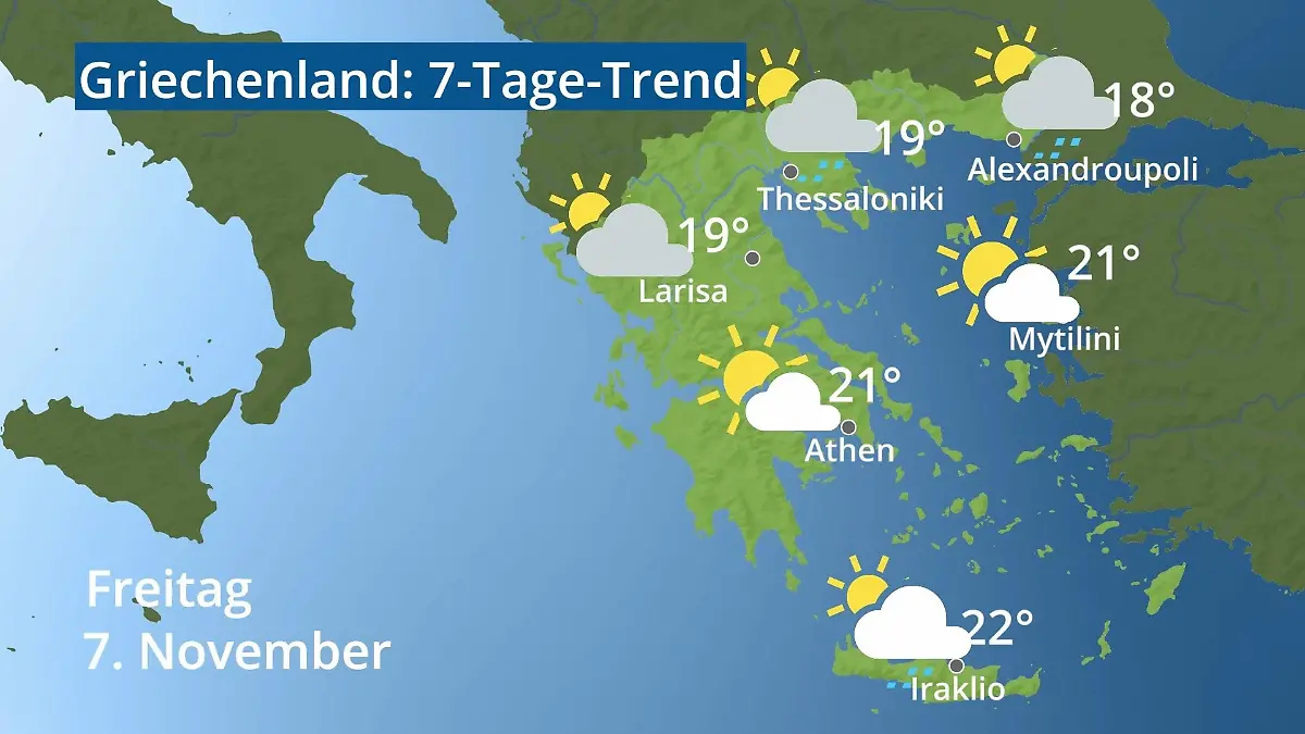 Griechenland: Wie wird das Wetter? Video 7-Tage-Trend: Athen, Kreta, Lesbos