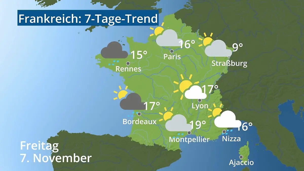 Frankreich: Wie wird das Wetter? Video 7-Tage-Trend: Paris, Straßburg, Nizza, Korsika