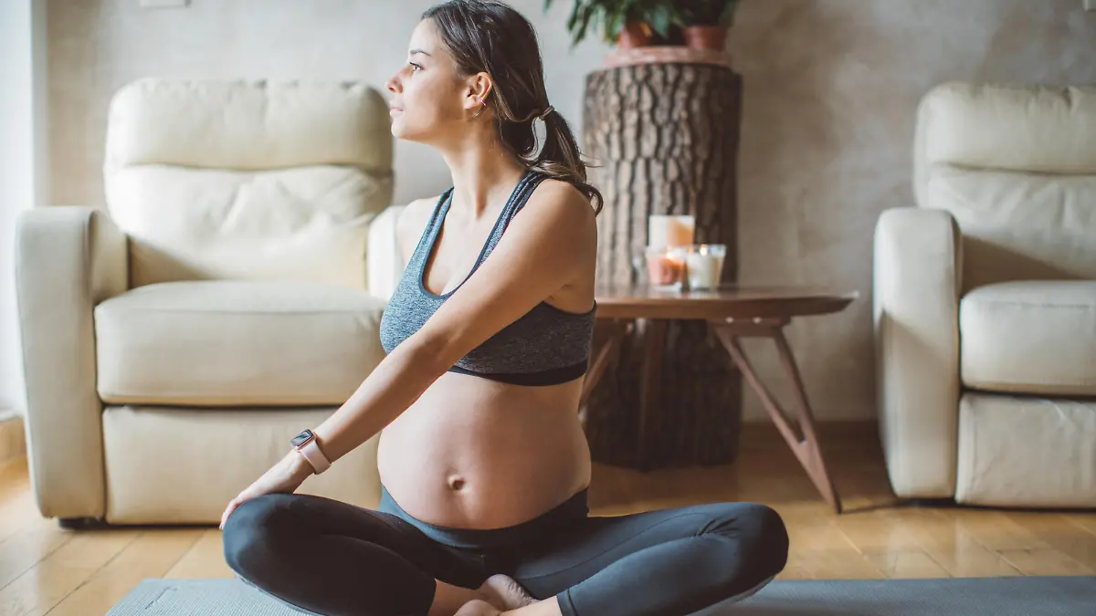 Young pregnant woman exercising at home. She workout on exercise mat and stretching.