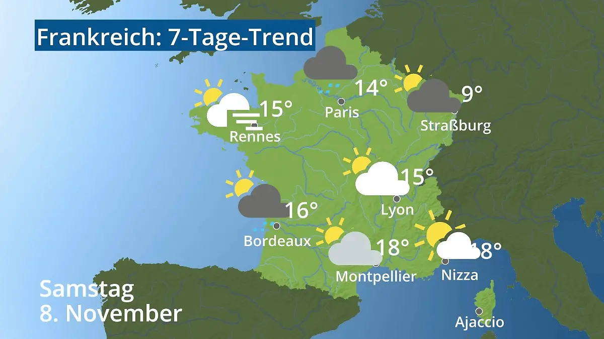 Frankreich: Wie wird das Wetter? Video 7-Tage-Trend: Paris, Straßburg, Nizza, Korsika