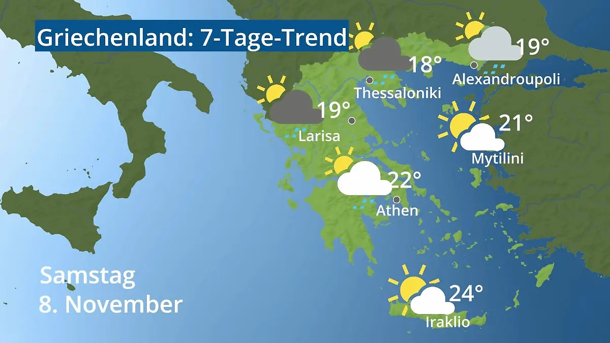 Griechenland: Wie wird das Wetter? Video 7-Tage-Trend: Athen, Kreta, Lesbos