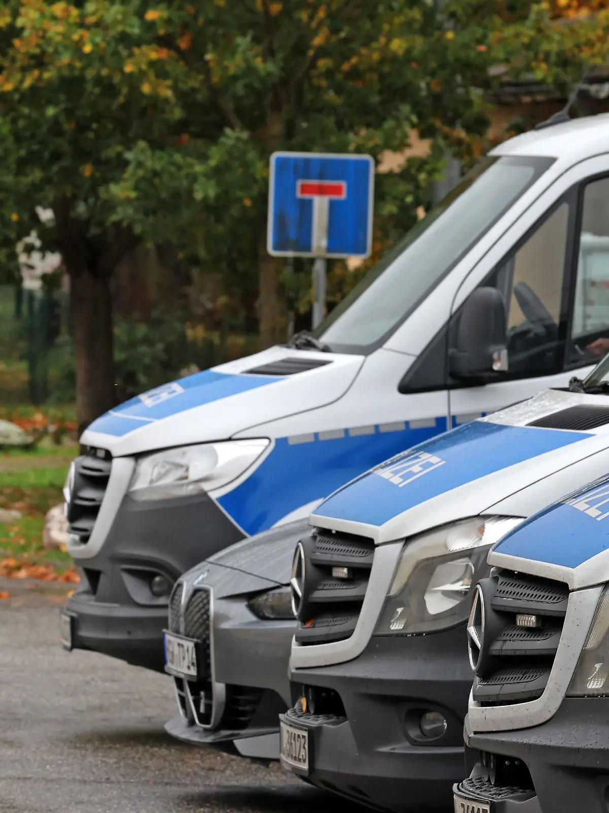Polizeifahrzeuge warten im Ortszentrum für weitere Einsätze am Fundort der Leiche von Fabian.