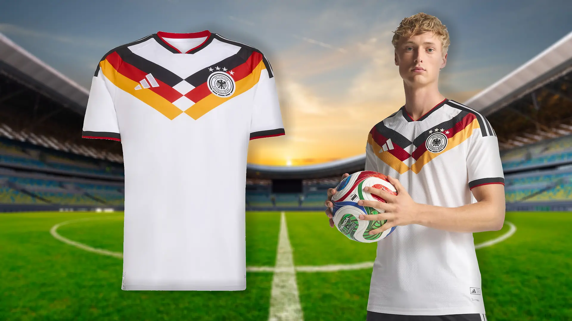 Ein junger Mann trägt das Neue DFB 26 Trikot. 
