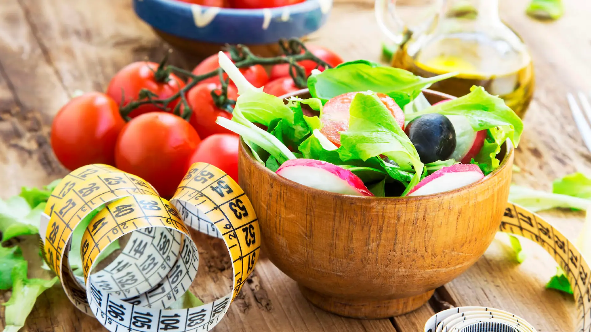 Organic Vegetables Salad with Measure Tape.Healthy Diet Salad Concept