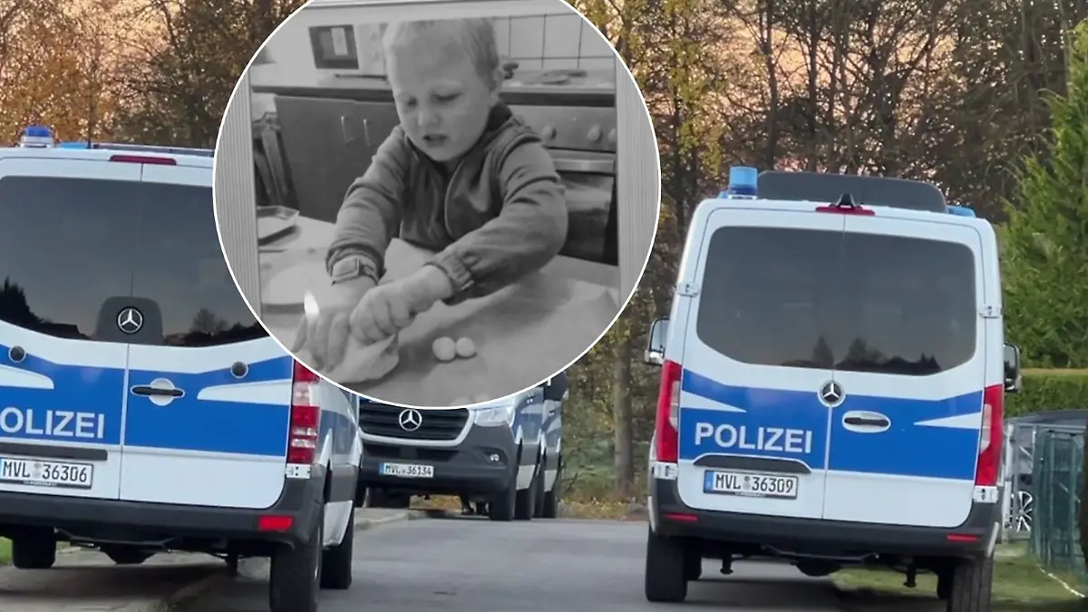 Ein Foto des kleinen Fabians. Im Hintergrund die Polizei während Durchsuchungen.