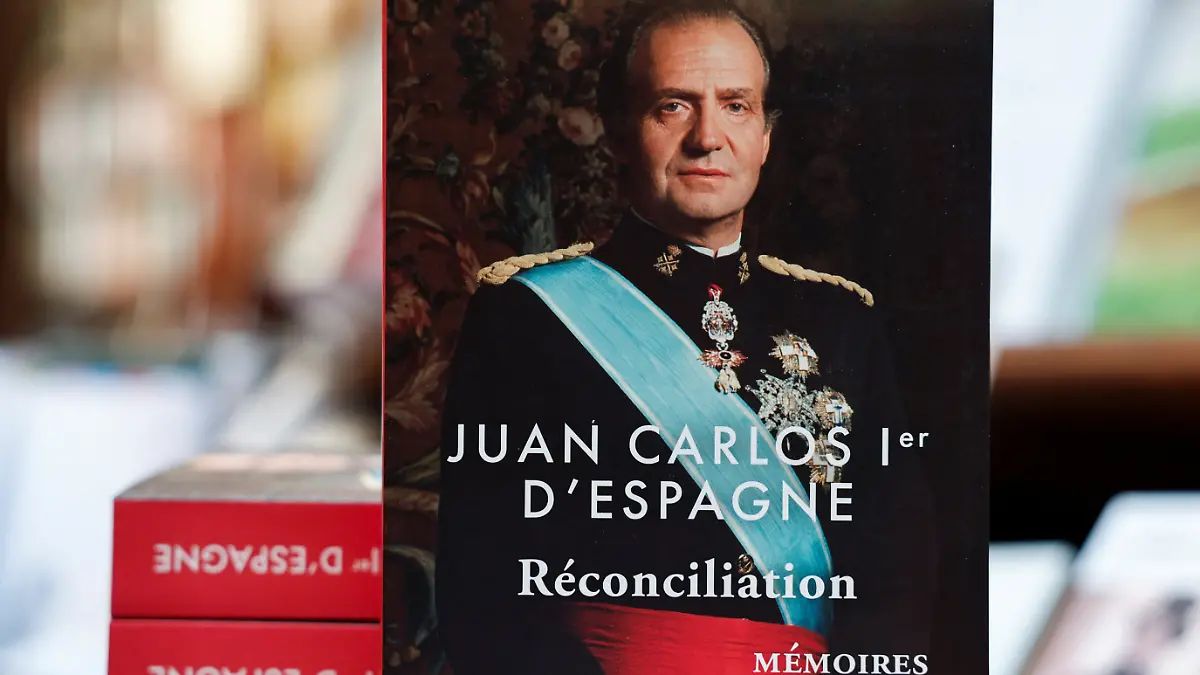 Copies of the book \Reconciliation\ written by former King Juan Carlos I of Spain, inside the Galignani bookstore in Paris