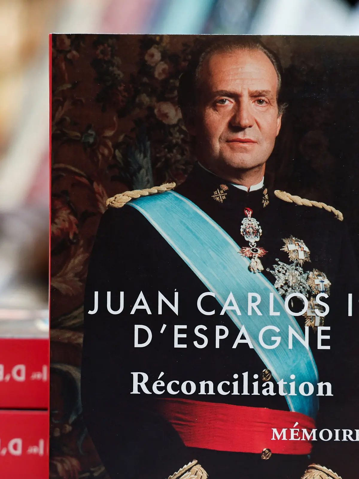 Copies of the book \Reconciliation\ written by former King Juan Carlos I of Spain, inside the Galignani bookstore in Paris