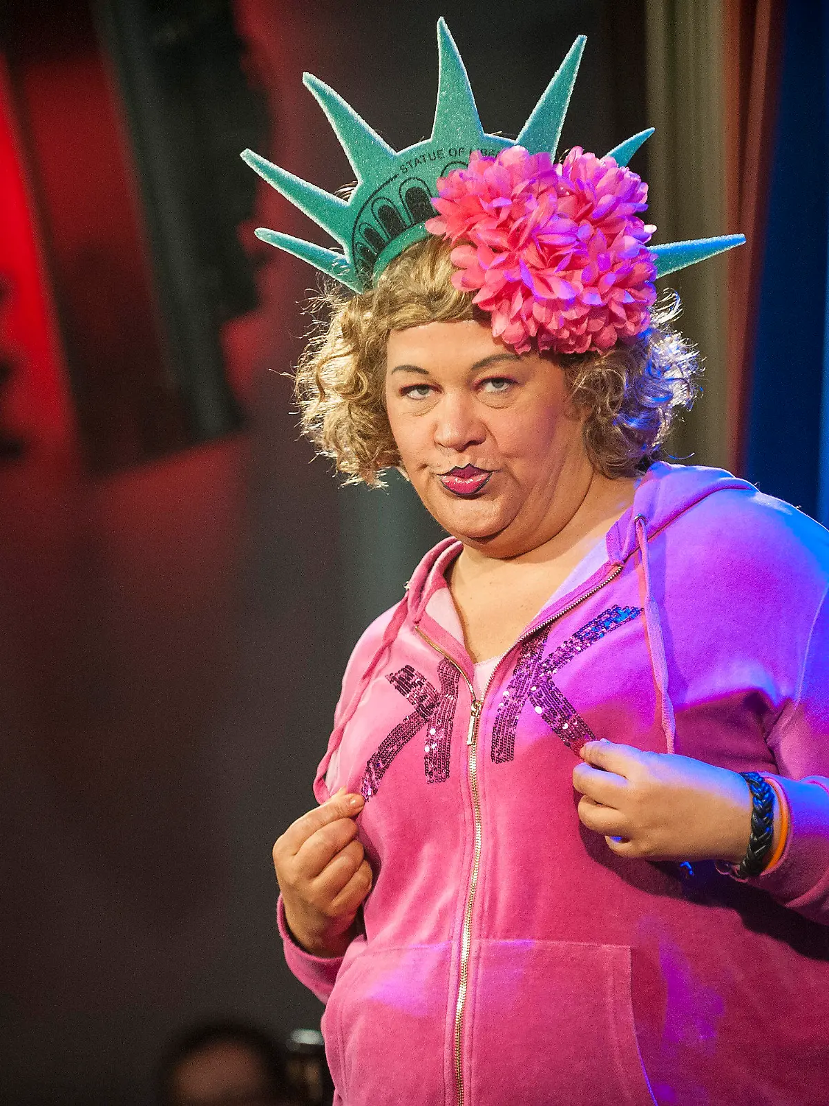 German comedian Cindy aus Marzahn performs her stand up routine at Caroline's comedy club in New York, New York, USA, 10 June 2014. EPA/KEITH BEDFORD (zu dpa-Korr "«Cindy out Marzahn»: Plattenbau-Prinzessin am Broadway" vom 11.06.2014) +++(c) dpa - Bildfunk+++