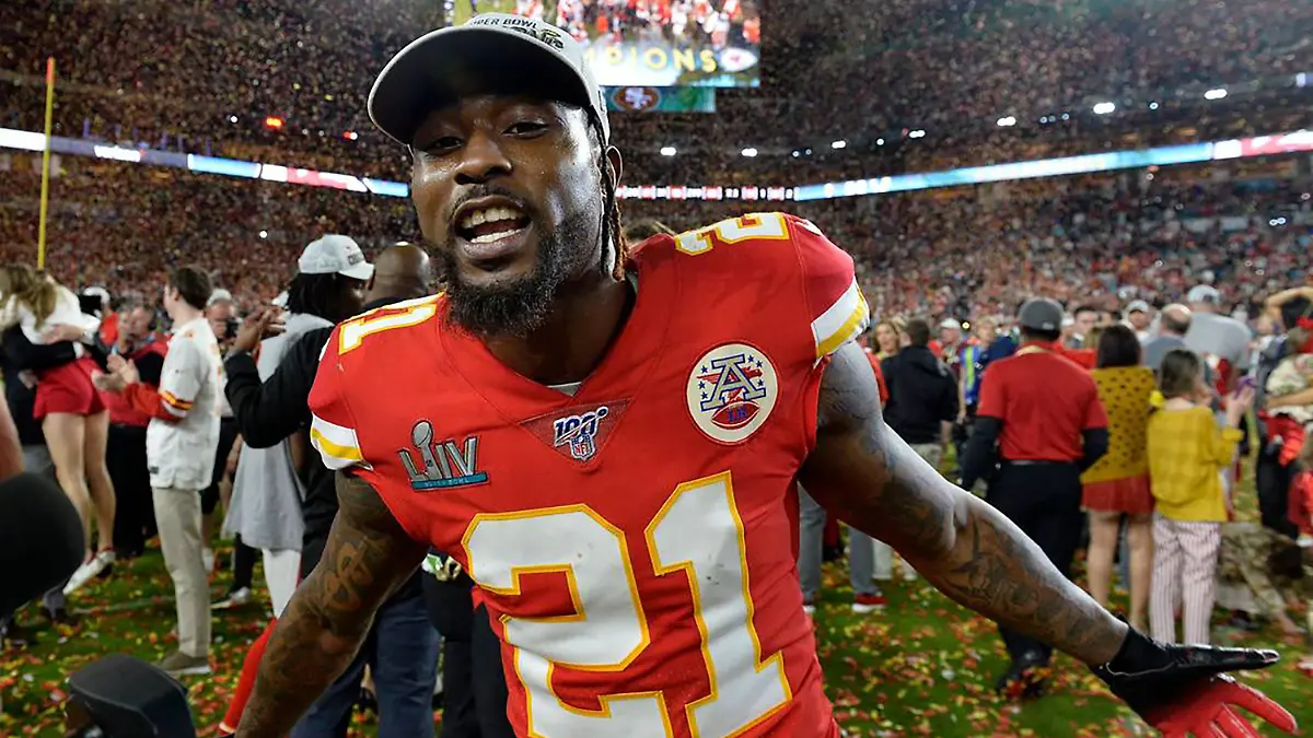 Kansas City Chiefs defensive back Bashaud Breeland reacts during an interview after the Chiefs defeated the San Francisco 49ers 31-20 during Super Bowl 54 at Hard Rock Stadium in Miami Feb. 2, 2020. (Jill Toyoshiba/Kansas City Star/TNS) Photo via Newscom picture alliance