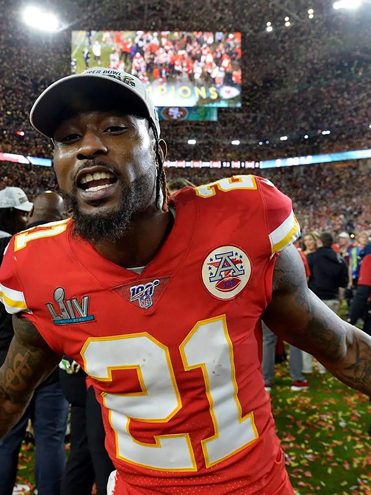 Kansas City Chiefs defensive back Bashaud Breeland reacts during an interview after the Chiefs defeated the San Francisco 49ers 31-20 during Super Bowl 54 at Hard Rock Stadium in Miami Feb. 2, 2020. (Jill Toyoshiba/Kansas City Star/TNS) Photo via Newscom picture alliance