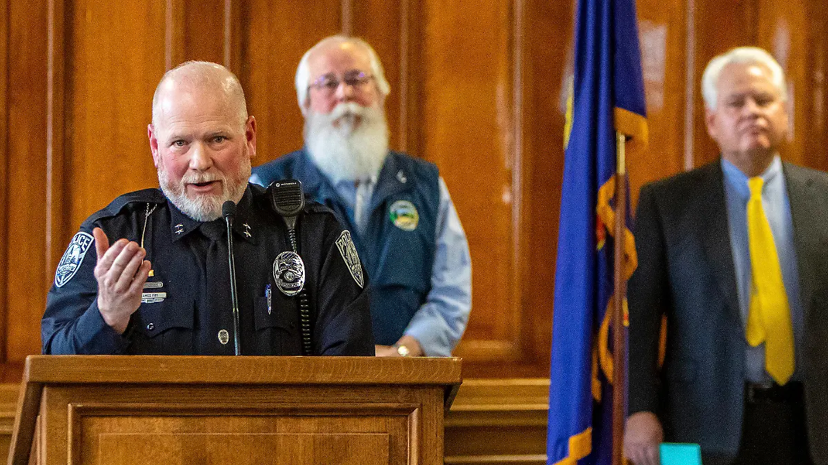 Moscow Police Department Chief James Fry answer questions during a press conference regarding the arrest of Bryan Kohberger on Friday, Dec. 30, 2022, at City Hall in Moscow, Idaho. Authorities in Pennsylvania arrested Kohberger, a suspect in the killings of four Idaho students. (Austin Johnson/Lewiston Tribune via AP)