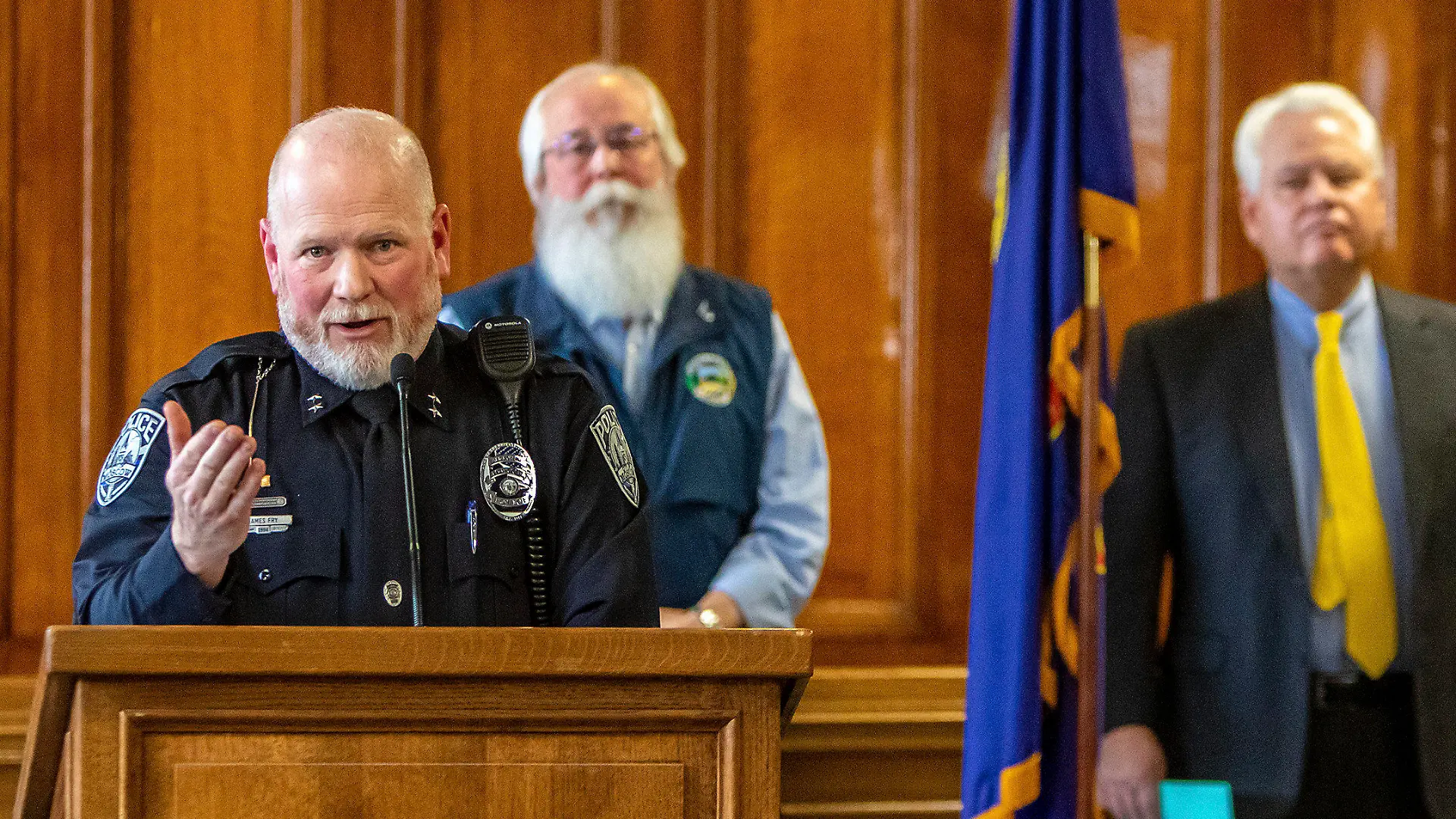 Moscow Police Department Chief James Fry answer questions during a press conference regarding the arrest of Bryan Kohberger on Friday, Dec. 30, 2022, at City Hall in Moscow, Idaho. Authorities in Pennsylvania arrested Kohberger, a suspect in the killings of four Idaho students. (Austin Johnson/Lewiston Tribune via AP)