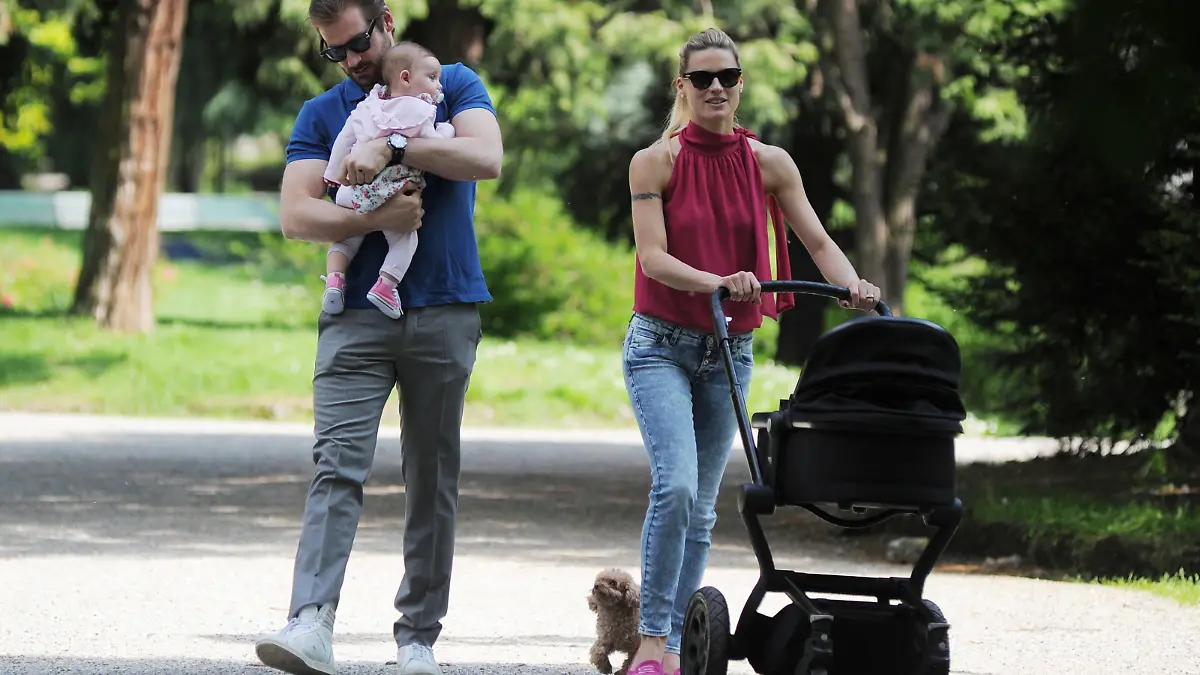 Michelle Hunziker is seen with Tomaso Trussardi and their daughter Sole on May 3, 2014 in Milan, Italy.