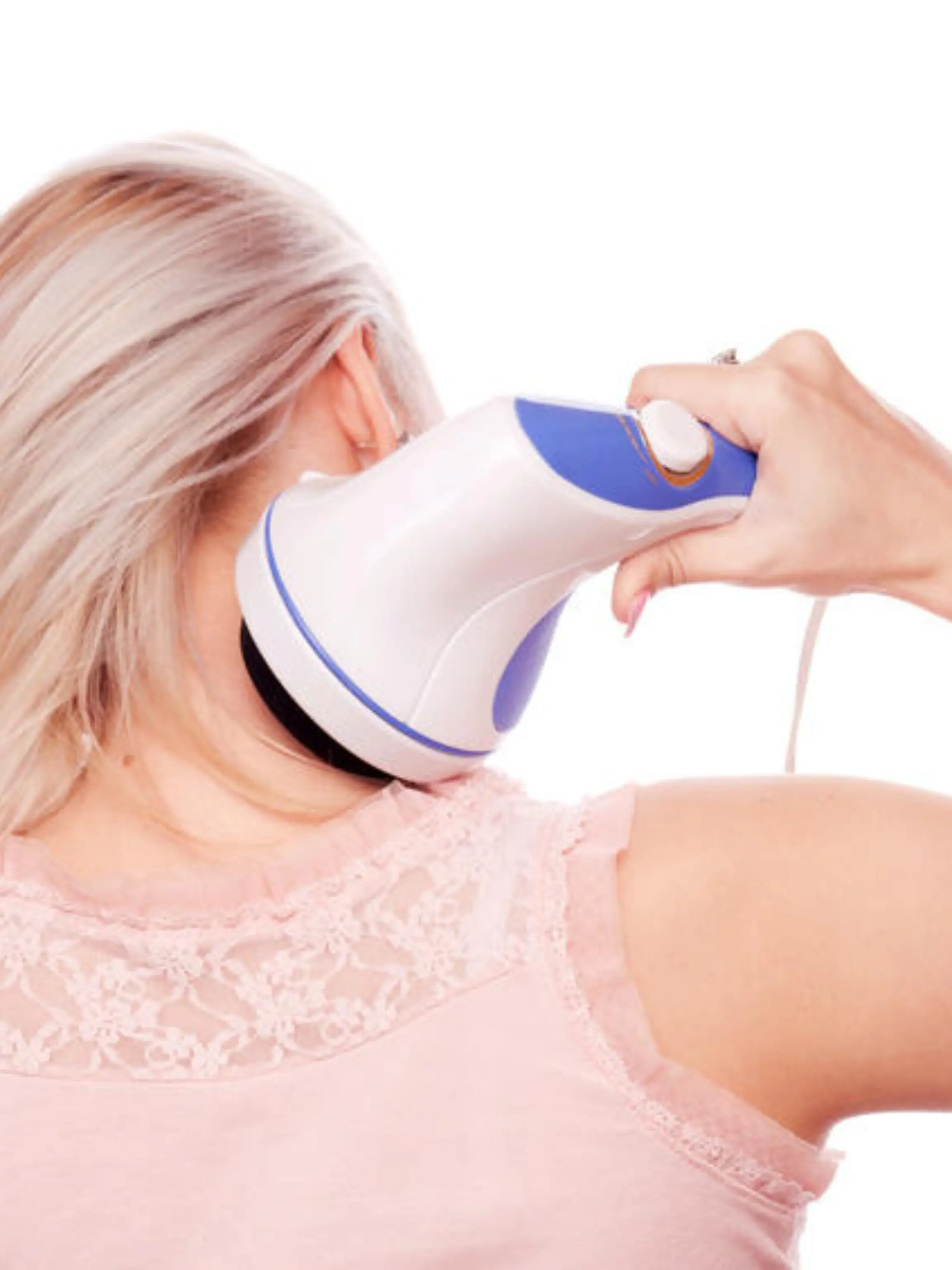 Pretty blonde with manual electric massager, massage her neck - isolated on white