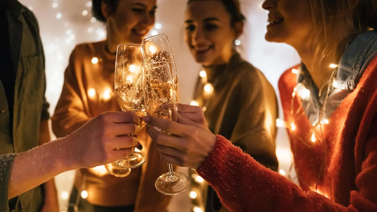 Photo of a small group of friends toasting with champagne and celebrating New Year's together; celebrating their youth and holidays.