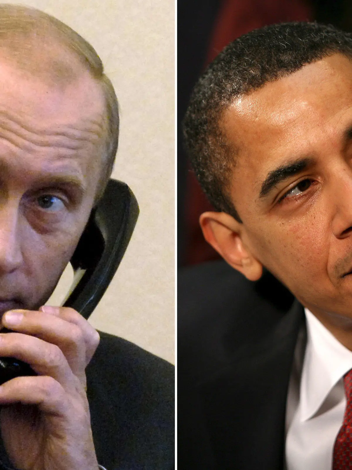 ARCHIV - KOMBO - Der russische Präsident Wladimir Putin (l) telefoniert am 05.08.2005, US-Präsident Barack Obama am 24.03.2009. US-Präsident Barack Obama und der russische Präsident Wladimir Putin haben über einen «Vorschlag zu einer diplomatischen Lösung der Krise in der Ukraine» diskutiert.  Fotos: Gary Fabiano/EPA/Str/dpa (zu dpa:"Putin und Obama sprachen über Lösung der Ukraine-Krise" vom 28.03.2014) +++(c) dpa - Bildfunk+++