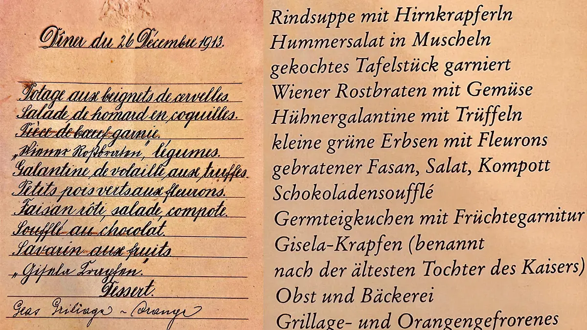 Die original Menü-Karte "Dîner du 26 Décembre 1913"
