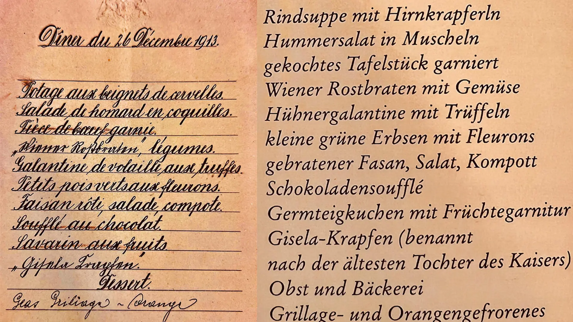 Die original Menü-Karte "Dîner du 26 Décembre 1913"