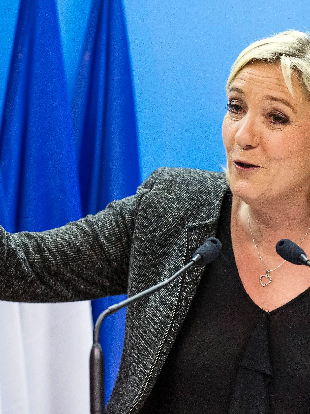 epa04138279 The President of the extreme right party Front National (National Front) Marine Le Pen gives a speech after the results of the first round of the municipal election in Paris, France, 23 March 2014. The National Front party made gains in a number of cities in the first round of two-stage municipal elections. EPA/ETIENNE LAURENT +++(c) dpa - Bildfunk+++