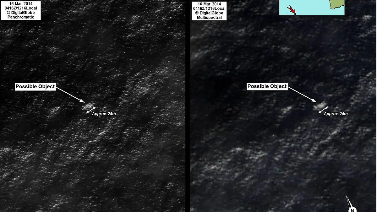 epa04132951 A handout image released on 20 March 2014 shows a satellite image taken by DigitalGlobe on 16 March, by the Australian Maritime Safety Authority (AMSA) of objects that may be possible debris of the missing Malaysia Airlines flight MH370. One of the objects floating in the Indian Ocean 2,500 km south-west of Perth, Australia, was 24 m long, an official of the Australian Maritime Safety Authority (AMSA) told reporters. EPA/DIGITALGLOBE / AMSA AUSTRALIA AND NEW ZEALAND OUT -- BEST AVAILABLE QUALITY HANDOUT EDITORIAL USE ONLY/NO SALES +++(c) dpa - Bildfunk+++
