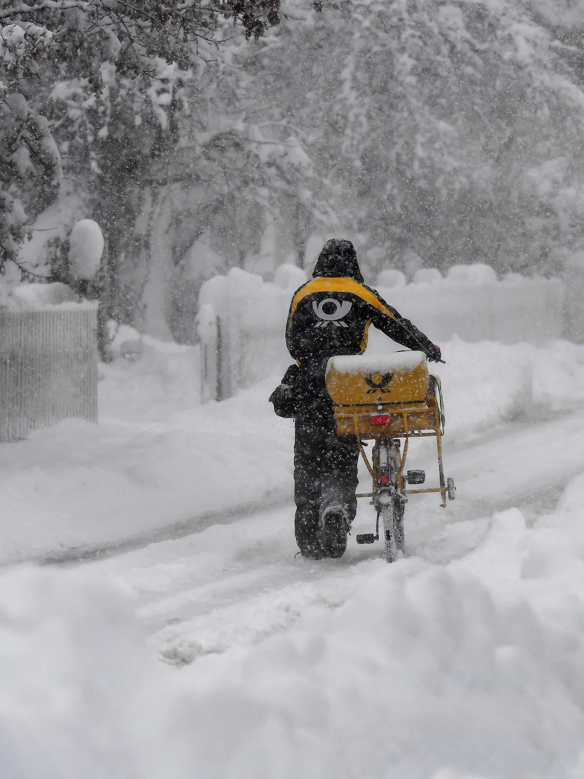 14.01.2021, Bayern, Garmisch-Partenkirchen: Ein Postbote schiebt sein Postfahrrad durch den Schnee. Innerhalb weniger Stunden sorgte eine Nordstaulage für viel frischen Schnee in den Bergen. Foto: Angelika Warmuth/dpa +++ dpa-Bildfunk +++