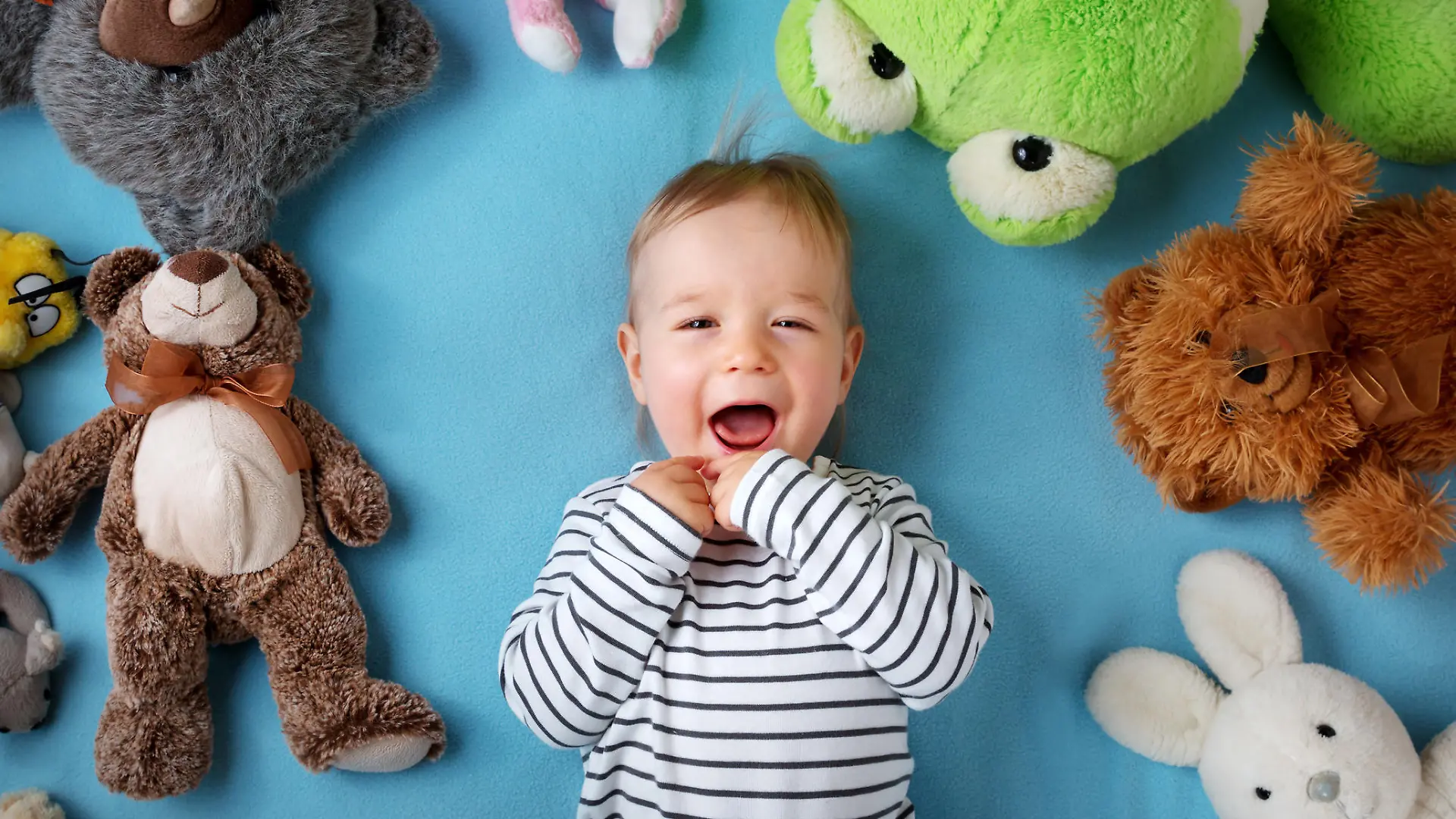 Kleiner Junge mit vielen Kuscheltieren