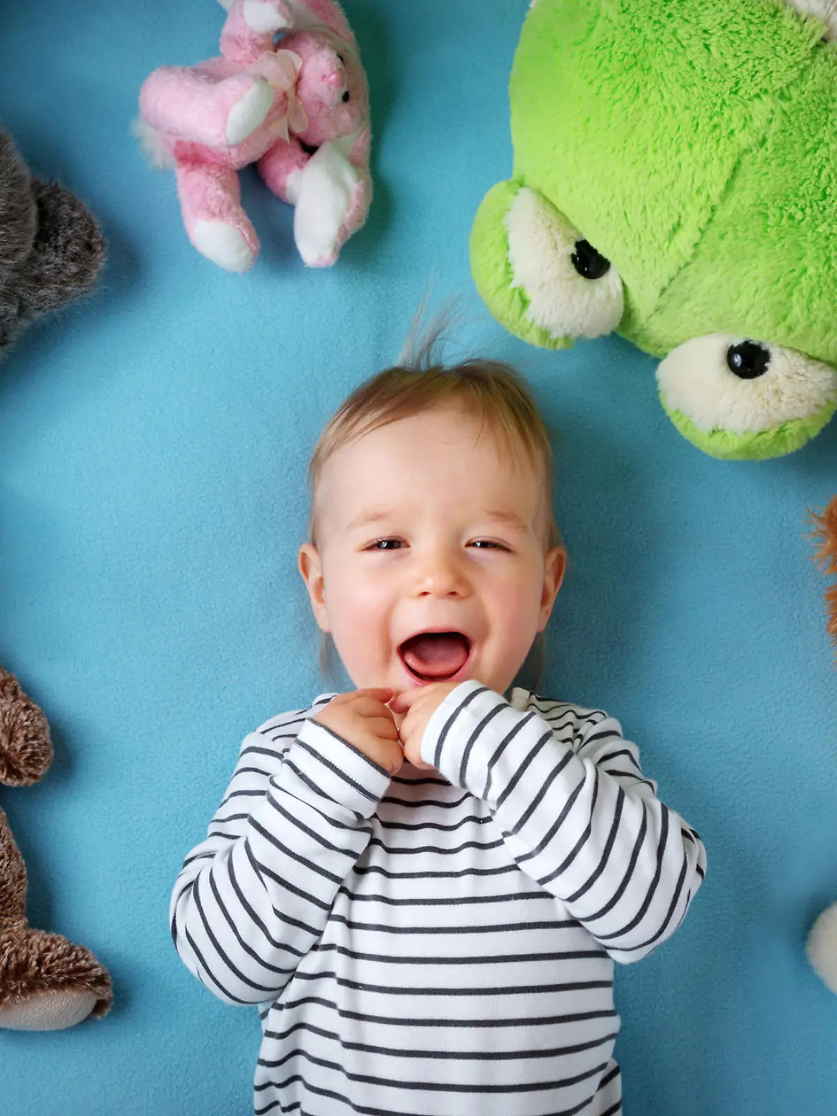 Kleiner Junge mit vielen Kuscheltieren