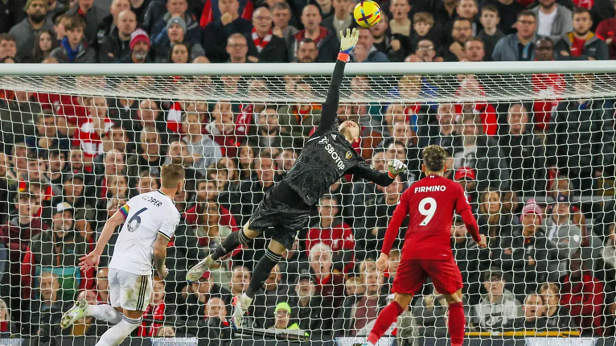 Leeds United goalkeeper Illan Meslier (1) saves during the English championship Premier League football match between Liverpool and Leeds United on October 29, 2022 at Anfield stadium in Liverpool, England - Photo Simon Davies / ProSportsImages / DPPI