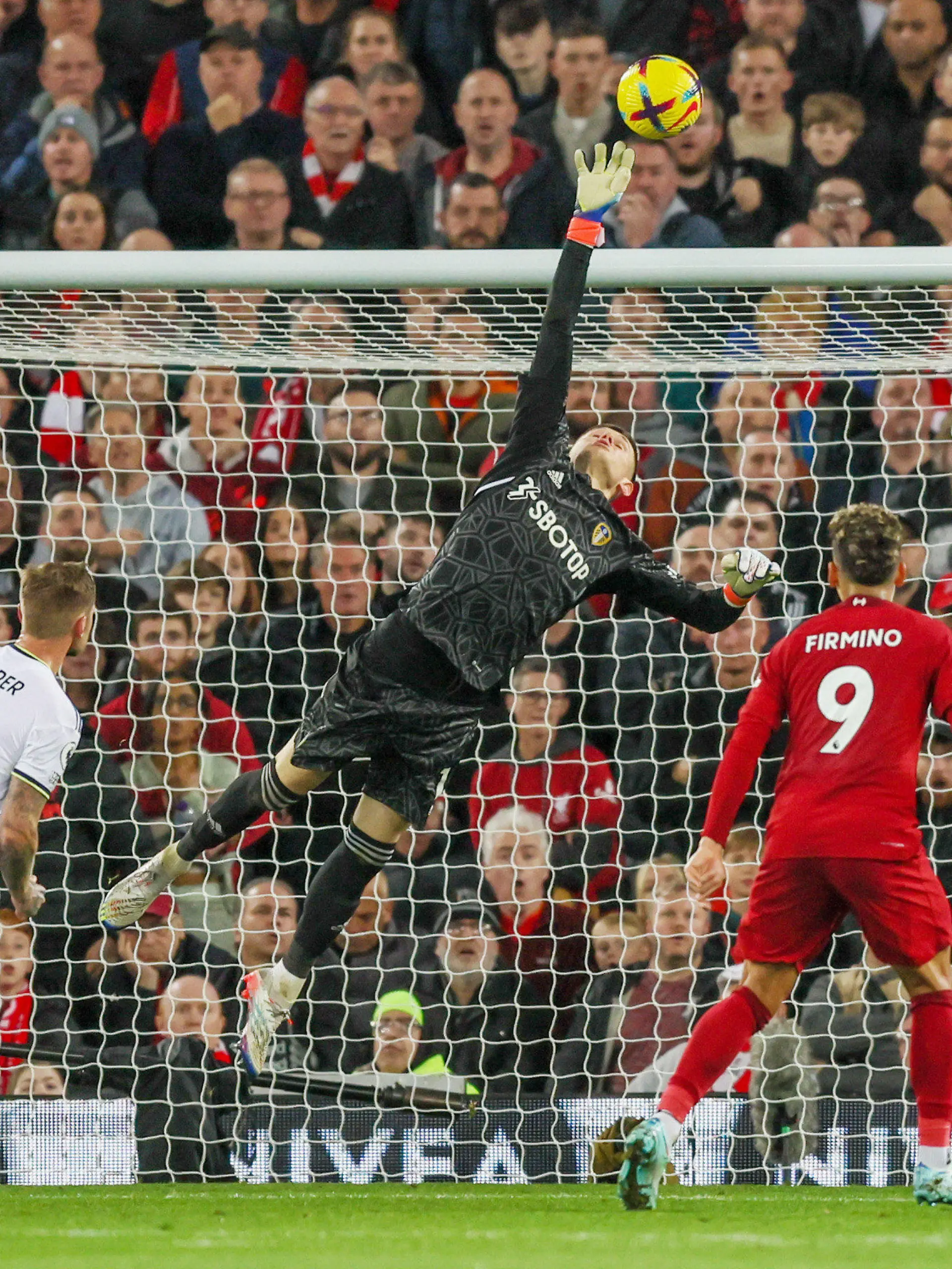 Leeds United goalkeeper Illan Meslier (1) saves during the English championship Premier League football match between Liverpool and Leeds United on October 29, 2022 at Anfield stadium in Liverpool, England - Photo Simon Davies / ProSportsImages / DPPI