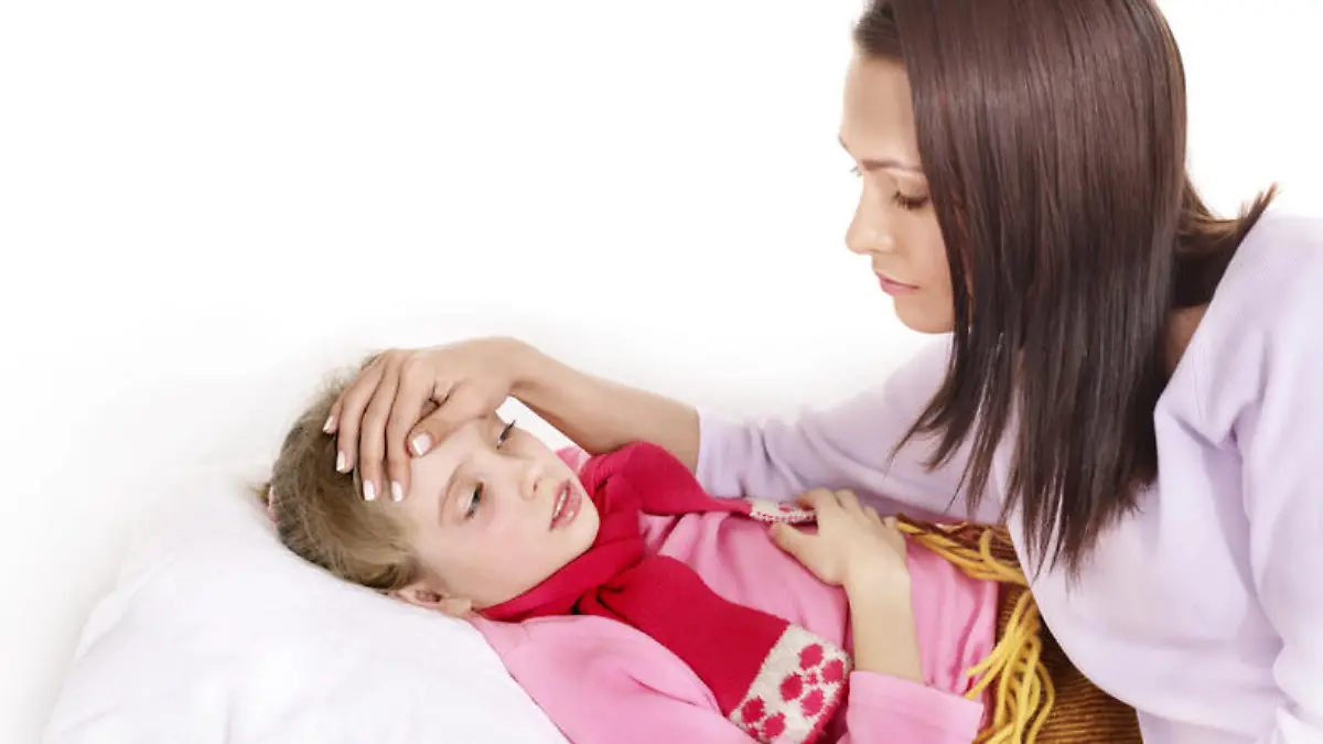 Sick little girl with mother. Isolated.