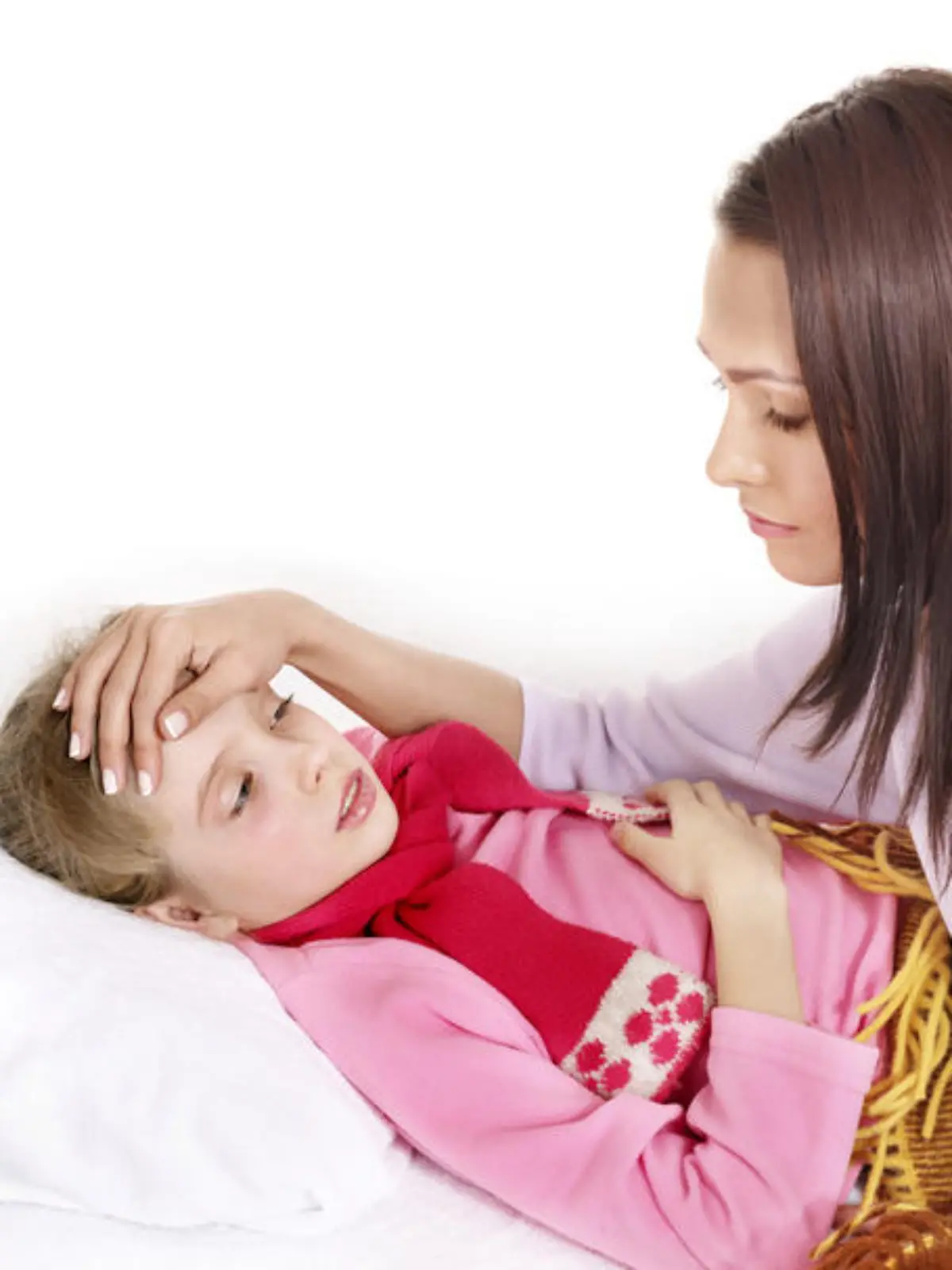 Sick little girl with mother. Isolated.