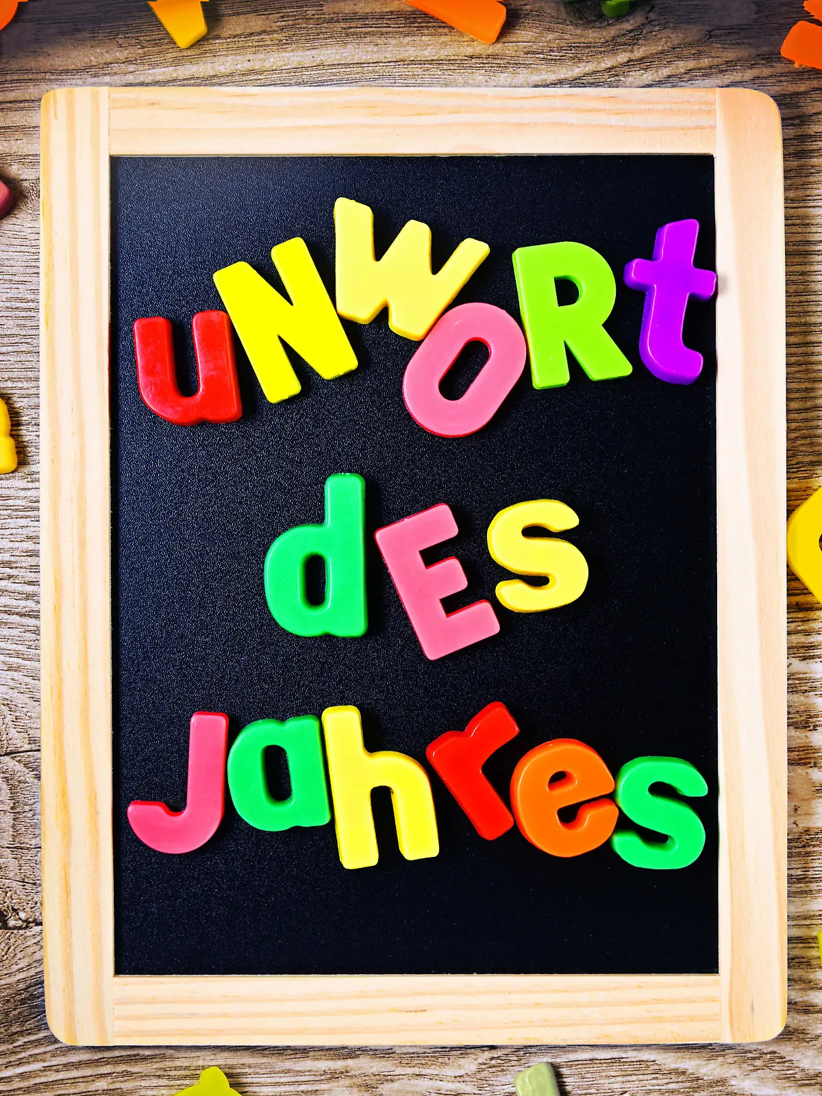 Buchstaben bilden den Schriftzug Unwort des Jahres auf einer Tafel / action press