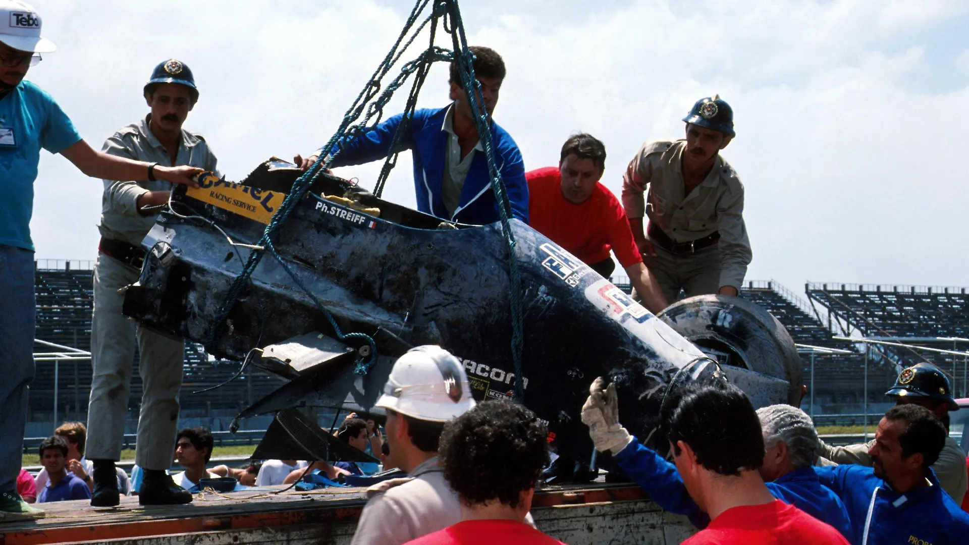 The car of Phillipe Streiff FRA AGS after an accident in pre race testing that ended his career and left him paralysed. Brazilian GP, Rio de Janeiro, 26 March 1989 PUBLICATIONxINxGERxSUIxAUTxHUNxONLY 89bra44