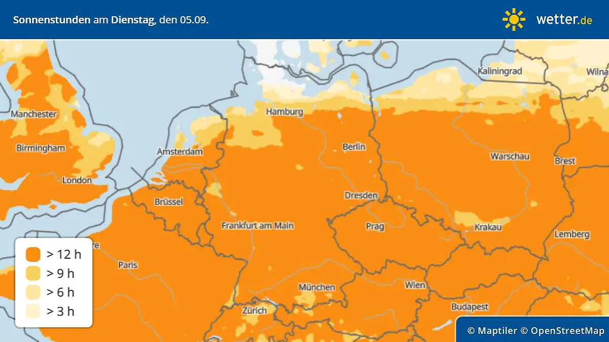 Sonnenstunden in Deutschland am Dienstag, 5. September