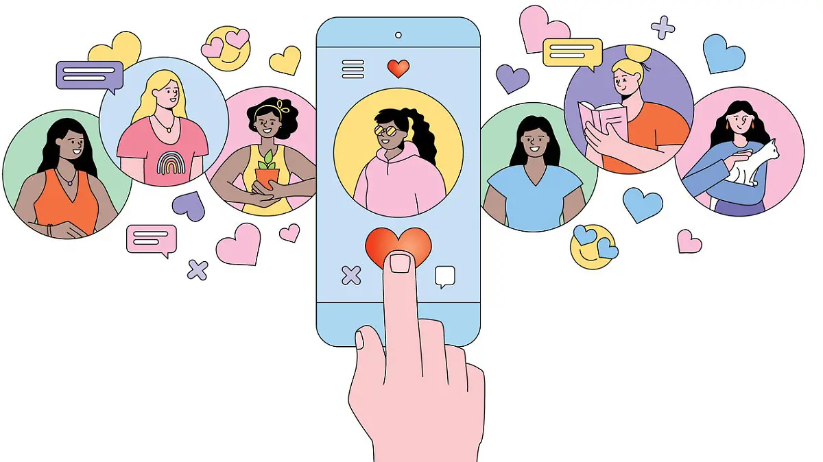 Searching for romantic partner on mobile dating application. Hand touching smartphone screen. Editable vectors on layers.