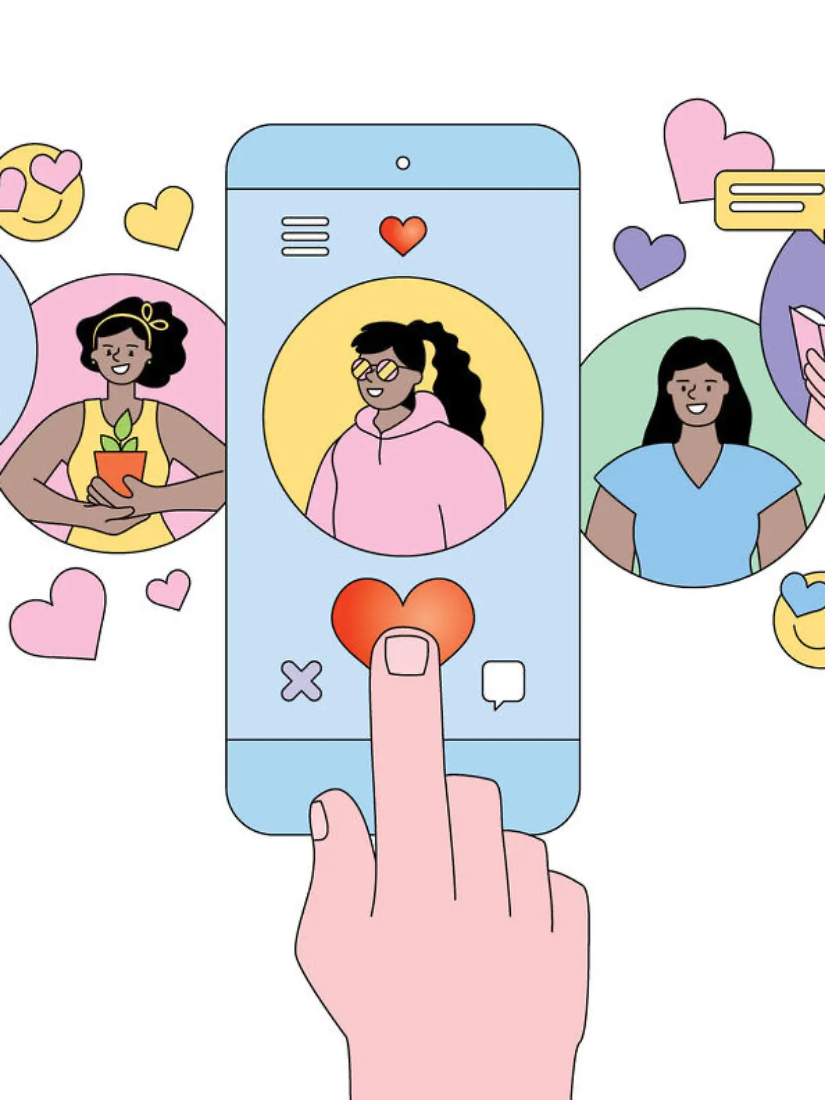 Searching for romantic partner on mobile dating application. Hand touching smartphone screen. Editable vectors on layers.