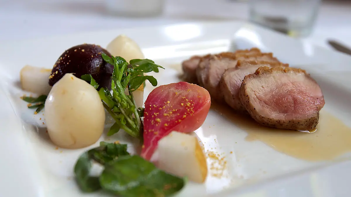 Wink Restaurant's seared duck breast with baby beets, japanese turnips, asian pear, and wild cress taken on Wednesday, May 11, 2011, in Austin, Texas. (AP Photo/Austin American Statesman, Rodolfo Gonzalez) AUSTIN CHRONICLE OUT, COMMUNITY IMPACT OUT, INTERNET MUST CREDIT PHOTOGRAPHER AND STATESMAN.COM