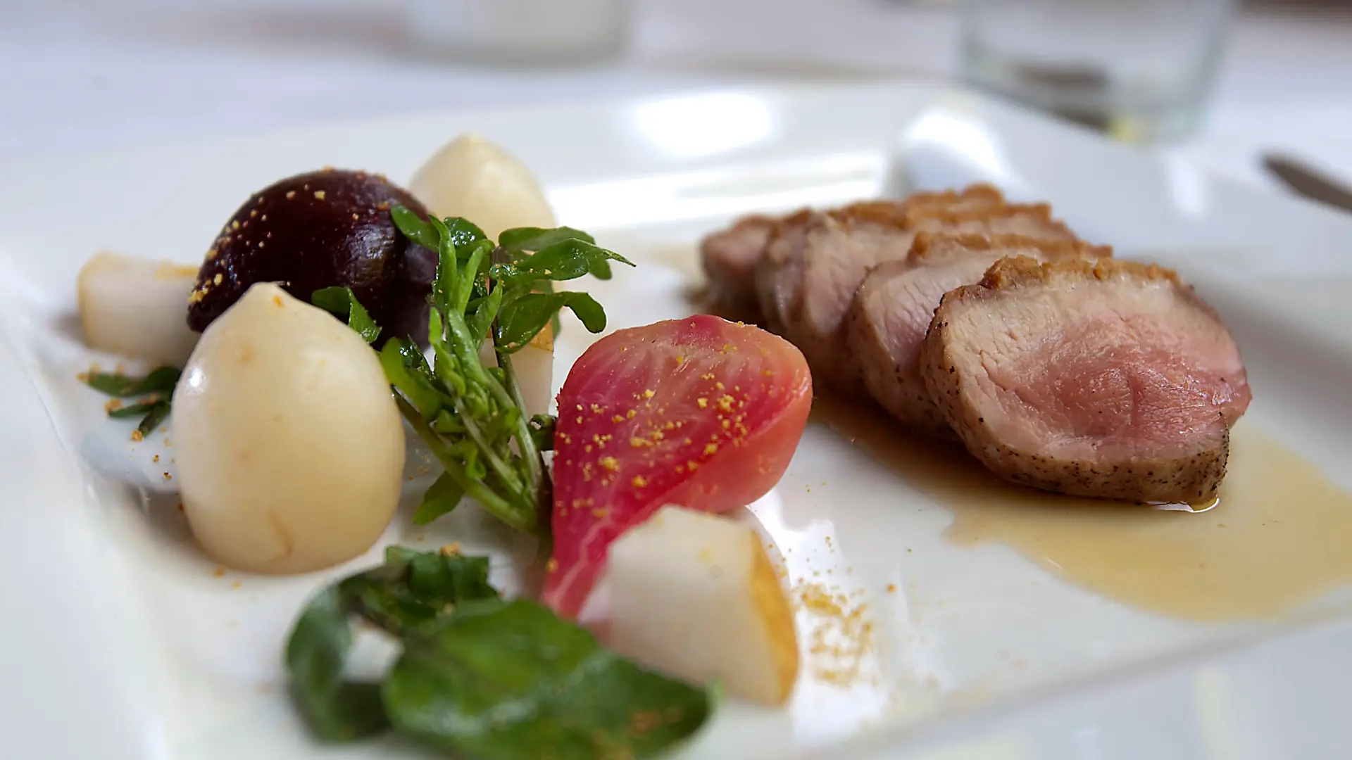 Wink Restaurant's seared duck breast with baby beets, japanese turnips, asian pear, and wild cress taken on Wednesday, May 11, 2011, in Austin, Texas. (AP Photo/Austin American Statesman, Rodolfo Gonzalez) AUSTIN CHRONICLE OUT, COMMUNITY IMPACT OUT, INTERNET MUST CREDIT PHOTOGRAPHER AND STATESMAN.COM