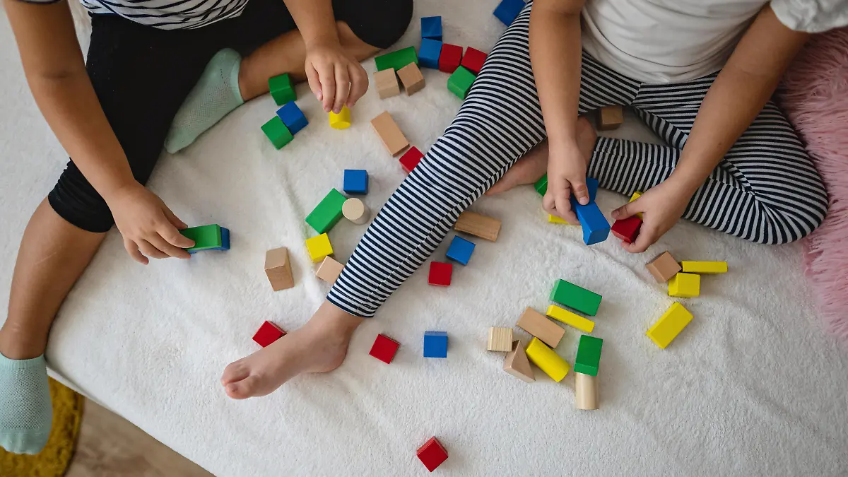 Kinder spielen mit Holz-Bauklötzen